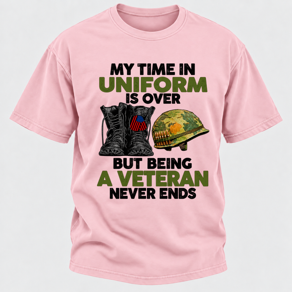My Time In Uniform Is Over But Being A Veteran Never Ends Military Boots Helmet Graphic T-Shirt