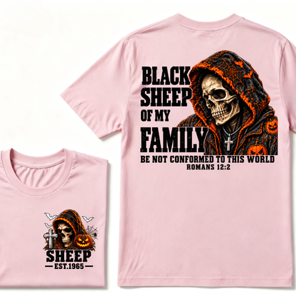 Black Sheep Of My Family Halloween Skull Hooded T-Shirt, Be Not Conformed To This World Romans 12:2 Christian EST.Year Pumpkin Bat Print Graphic Tee