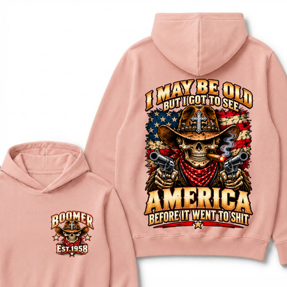 EST.Year I May Be Old But I Got To See America Before It Went To Shit Cowboy Skull America Patriotic Hoodie