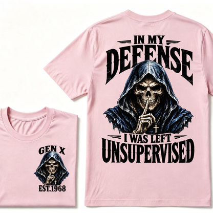 Gen X EST.Year Grim Reaper Skull In My Defense I Was Left Unsupervised Vintage Graphic T-Shirt