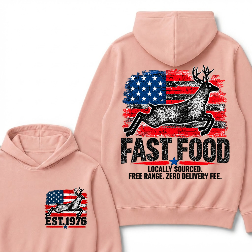 Fast Food Deer Hunting T-Shirt, Locally Sourced Free Range Zero Delivery Fee Vintage American Flag EST.Year Hunter Graphic Hoodie