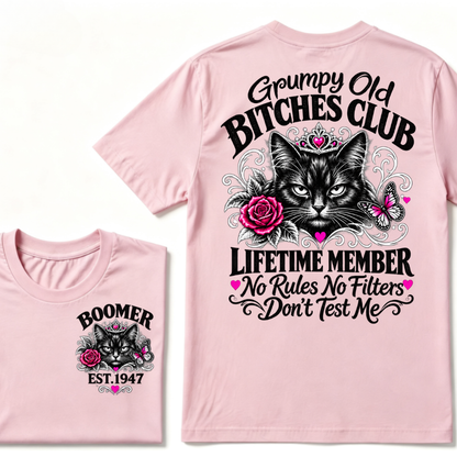 Boomer EST.Year Grumpy Old Club Crown Cat Rose Butterfly Sarcastic Graphic T-Shirt