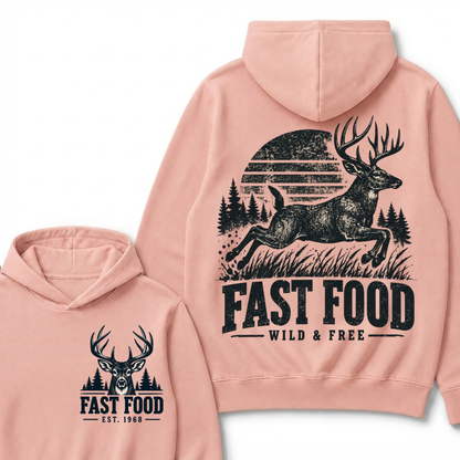 Fast Food Wild & Free Deer Hunting Hoodie EST.Year Vintage Buck Hunter Forest Graphic Hoodie