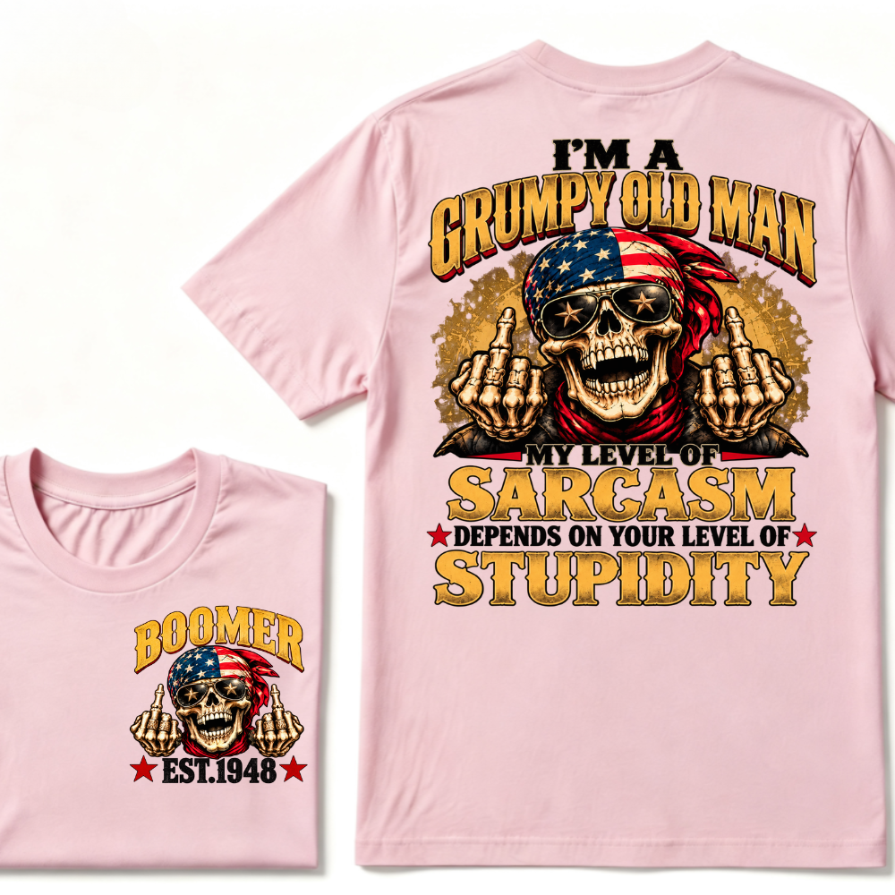 EST.Year I'm A Grumpy Old Man My Level Of Sarcasm Depends On Your Level Of Stupidity American Flag Skull Graphic T-Shirt