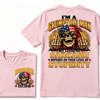 EST.Year I'm A Grumpy Old Man My Level Of Sarcasm Depends On Your Level Of Stupidity American Flag Skull Graphic T-Shirt