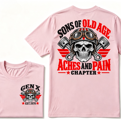 Sons Of Old Age Aches And Pain Chapter Gen X EST.Year Motorcycle Skull Vintage Biker Graphic Tee