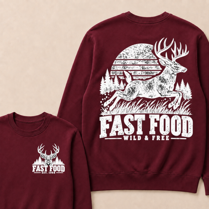 EST.Year Fast Food Wild & Free Vintage Deer Hunting Sunset Forest Graphic Sweatshirt