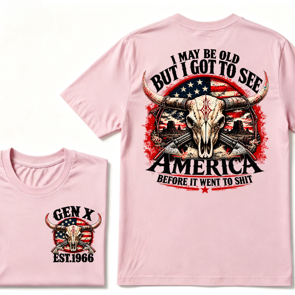 Gen X EST.Year I May Be Old But I Got To See America Longhorn Skull Western American Flag Graphic T-Shirt