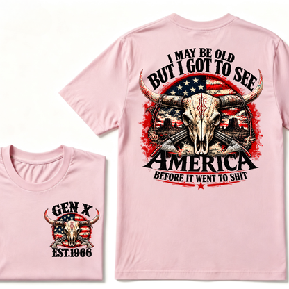 Gen X EST.Year I May Be Old But I Got To See America Longhorn Skull Western American Flag Graphic T-Shirt