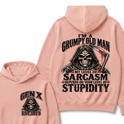 EST.YearI'm A Grumpy Old Man My Level Of Sarcasm Depends On Your Level Of Stupidity Grim Reaper Skull Graphic Hoodie, Funny Gen X Sarcastic Hooded Sweatshirt