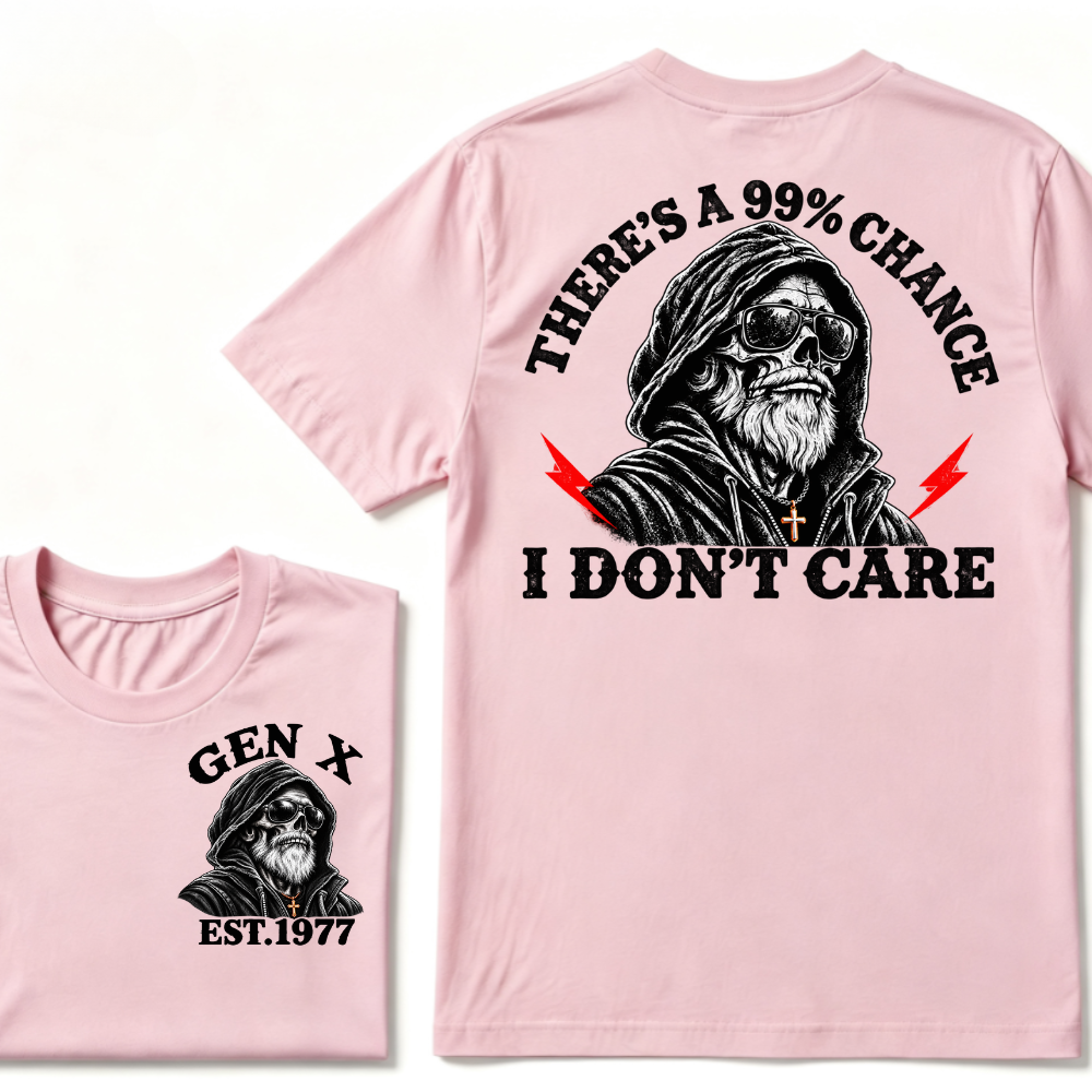 Gen X EST.Year There's A 99% Chance I Don't Care Bearded Skull Hooded Graphic T-Shirt