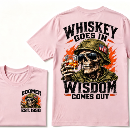 Boomer EST.Year Soldier Skull Whiskey Goes In Wisdom Comes Out American Flag Graphic T-Shirt