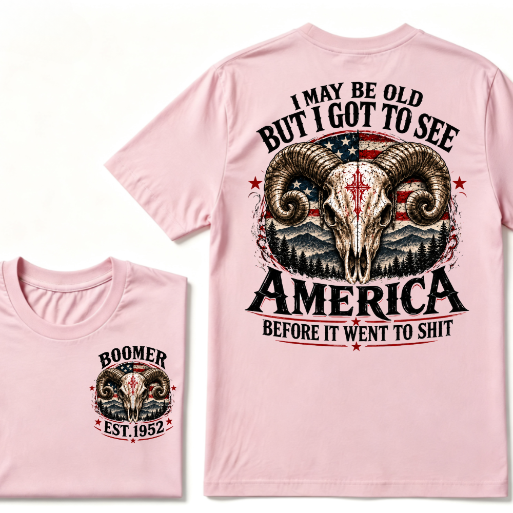 Boomer EST.Year Ram Skull American Flag I May Be Old But I Got To See America Vintage Graphic T-Shirt