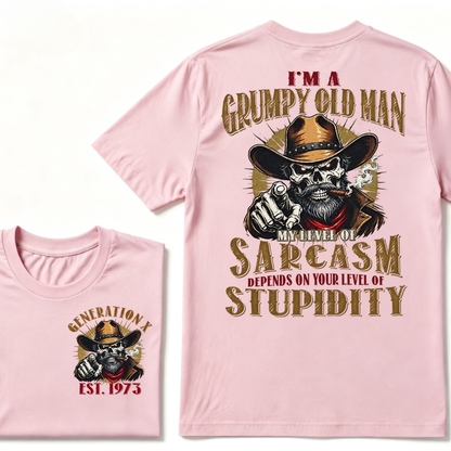 I'm A Grumpy Old Man My Level Of Sarcasm Depends On Your Level Of Stupidity EST.Year Vintage Western Skull Graphic Tee