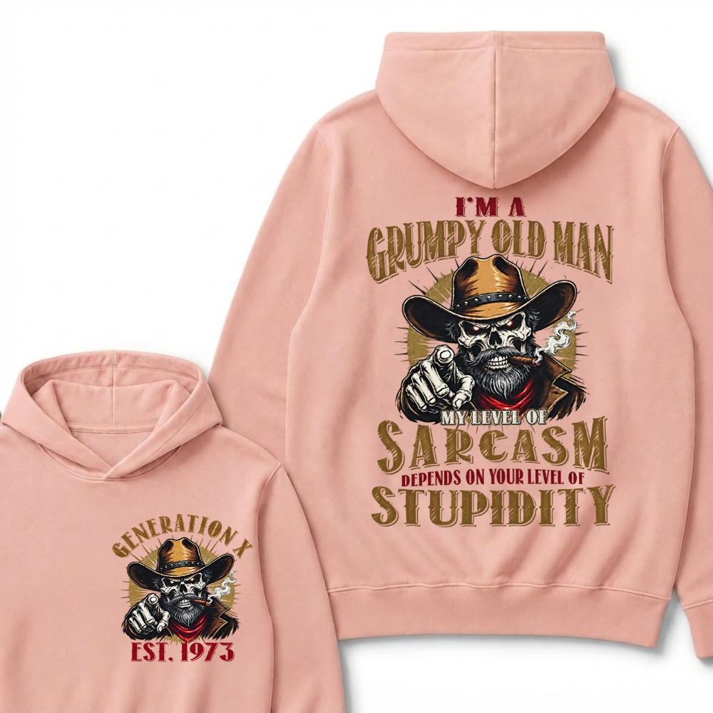 EST.YearI'm A Grumpy Old Man My Level Of Sarcasm Depends On Your Level Of Stupidity Cowboy Skull Graphic Hoodie, Funny Gen X Sarcastic Hooded Sweatshirt