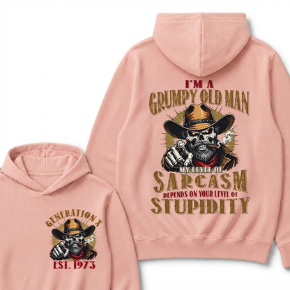 EST.YearI'm A Grumpy Old Man My Level Of Sarcasm Depends On Your Level Of Stupidity Cowboy Skull Graphic Hoodie, Funny Gen X Sarcastic Hooded Sweatshirt