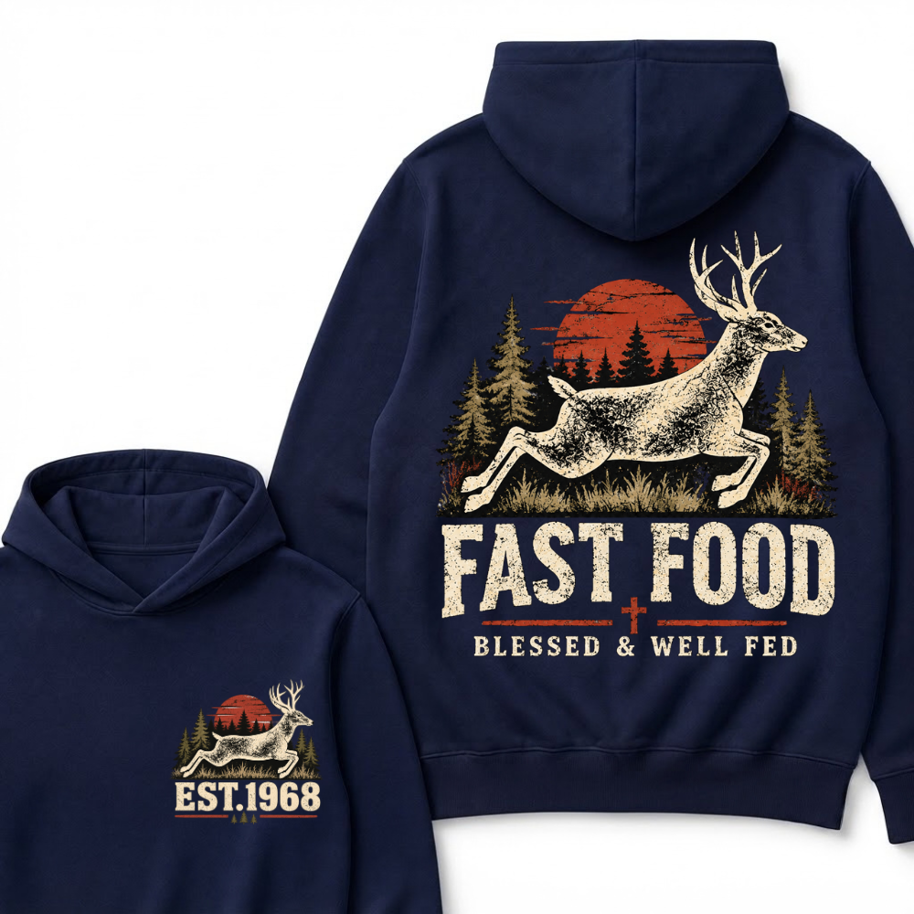 Fast Food Deer Hunting Hoodie, Blessed & Well Fed Vintage Sunset Forest EST.Year Christian Hunter Graphic Hooded Sweatshirt