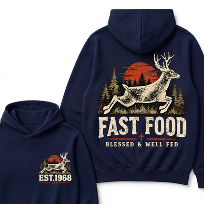 Fast Food Deer Hunting Hoodie, Blessed & Well Fed Vintage Sunset Forest EST.Year Christian Hunter Graphic Hooded Sweatshirt