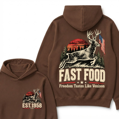 Fast Food Deer Hunting Hoodie, Freedom Tastes Like Venison Vintage Sunset USA Flag EST.Year Hunter Graphic Hooded Sweatshirt
