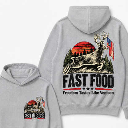 Fast Food Deer Hunting Hoodie, Freedom Tastes Like Venison Vintage Sunset USA Flag EST.Year Hunter Graphic Hooded Sweatshirt