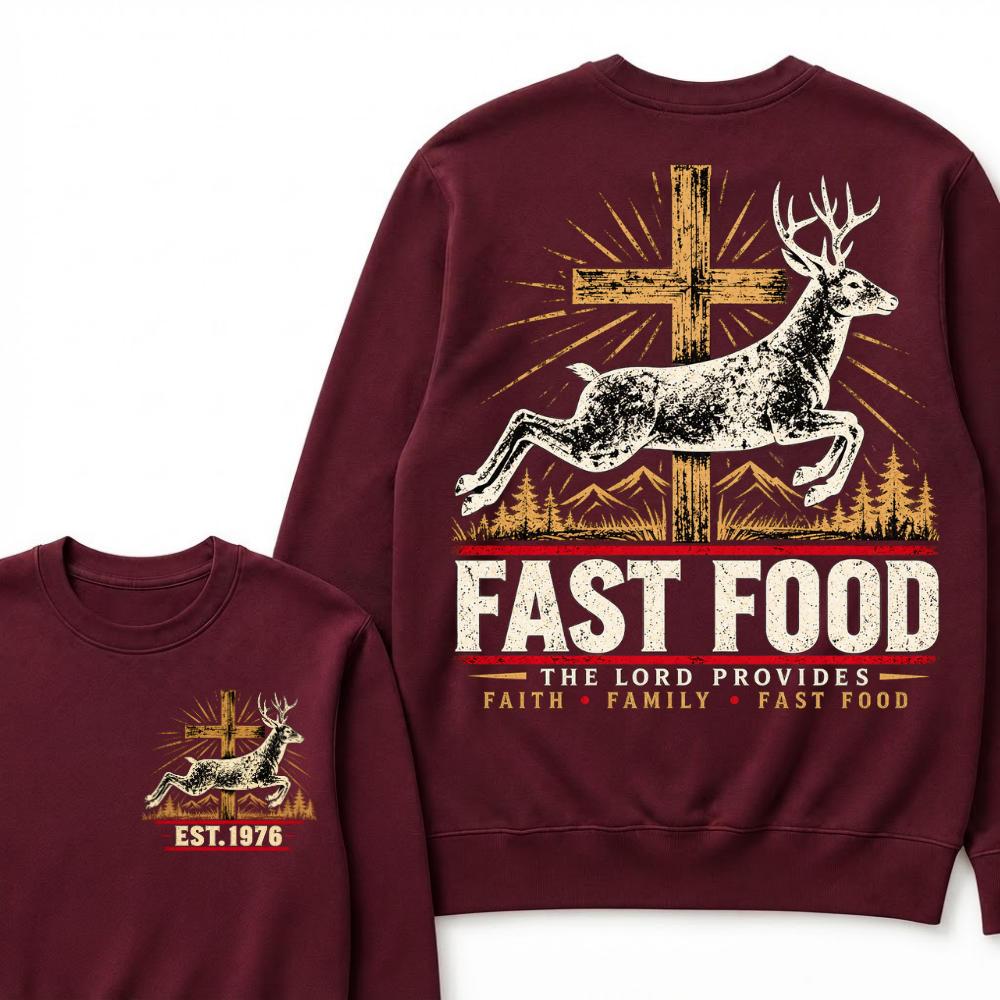 FAST FOOD – The Lord Provides | Faith, Family & Hunting Custom Year Sweatshirt