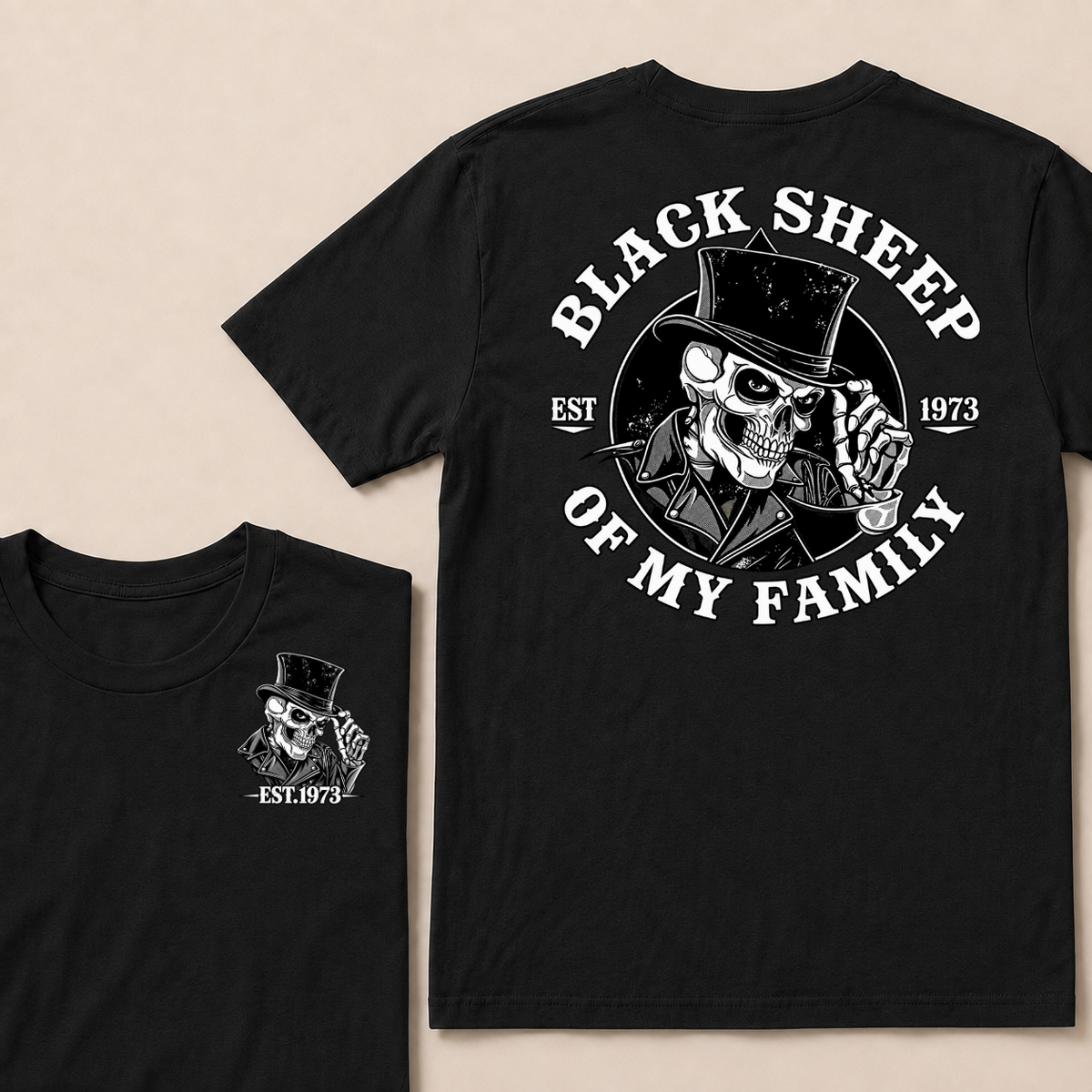 Black Sheep Of My Family Vintage Top Hat Skeleton Skull EST.Year T-Shirt, Gothic Family Quote Graphic Tee