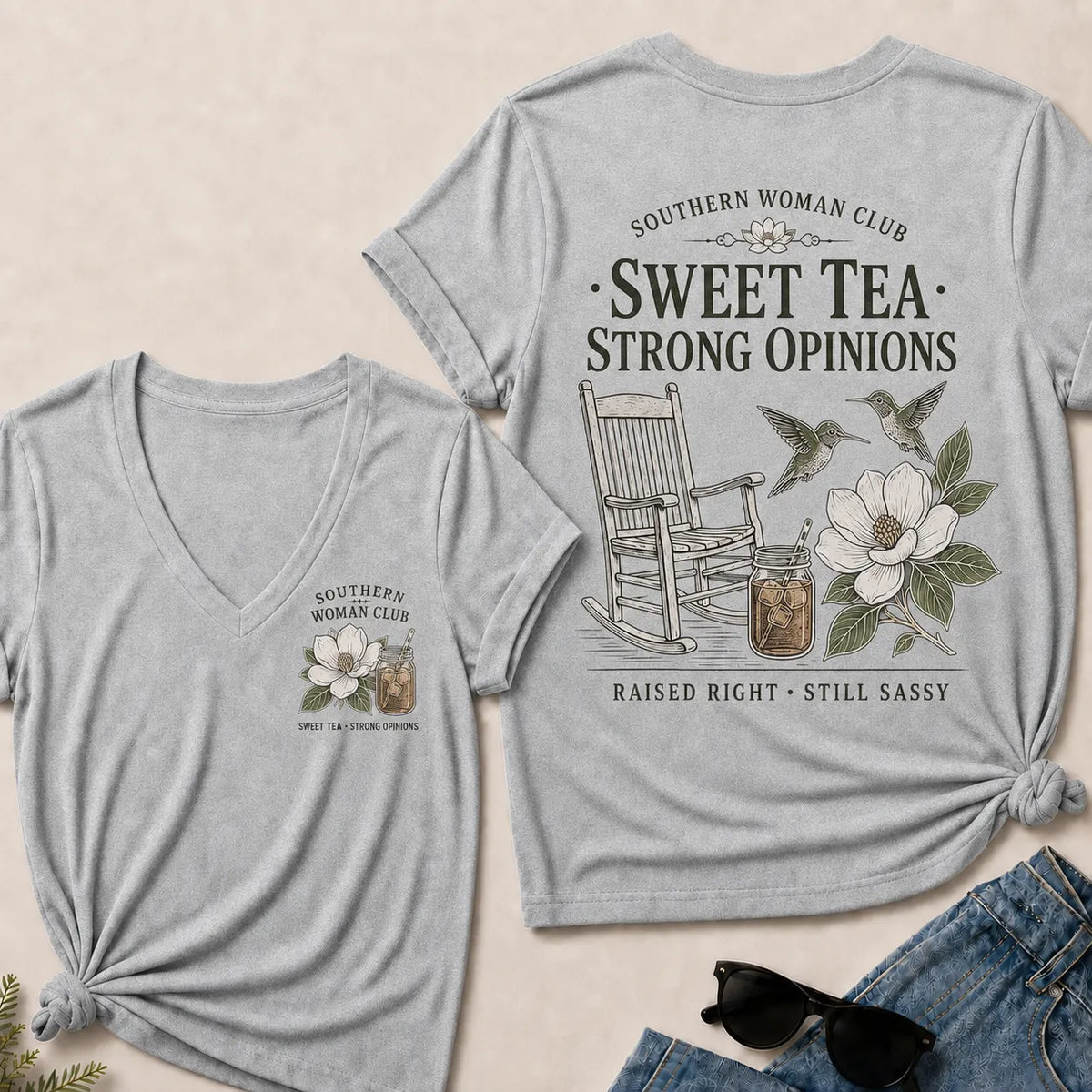 Southern Woman Club Sweet Tea Strong Opinions V-Neck T-shirts– Vintage Magnolia Graphic  V-Neck T-shirts For Southern Women