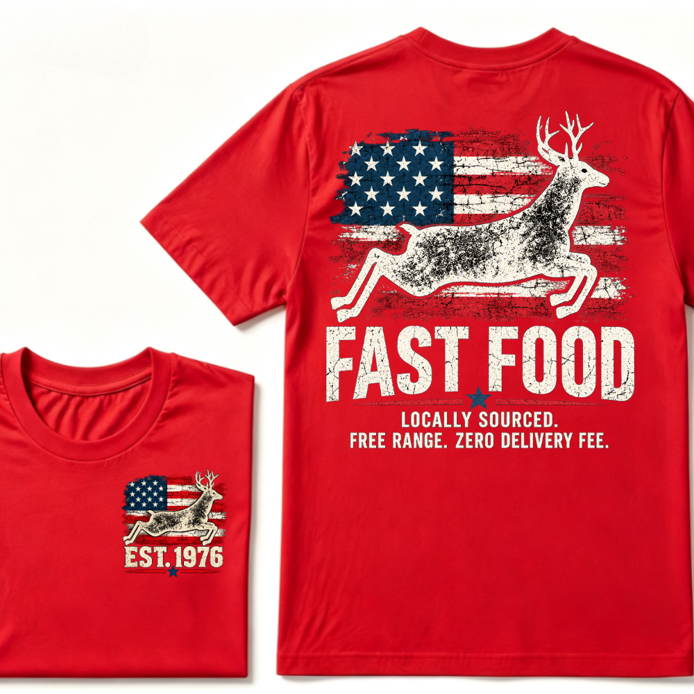 Fast Food Deer Hunting T-Shirt, Locally Sourced Free Range Zero Delivery Fee Vintage American Flag EST.Year Hunter Graphic Tee