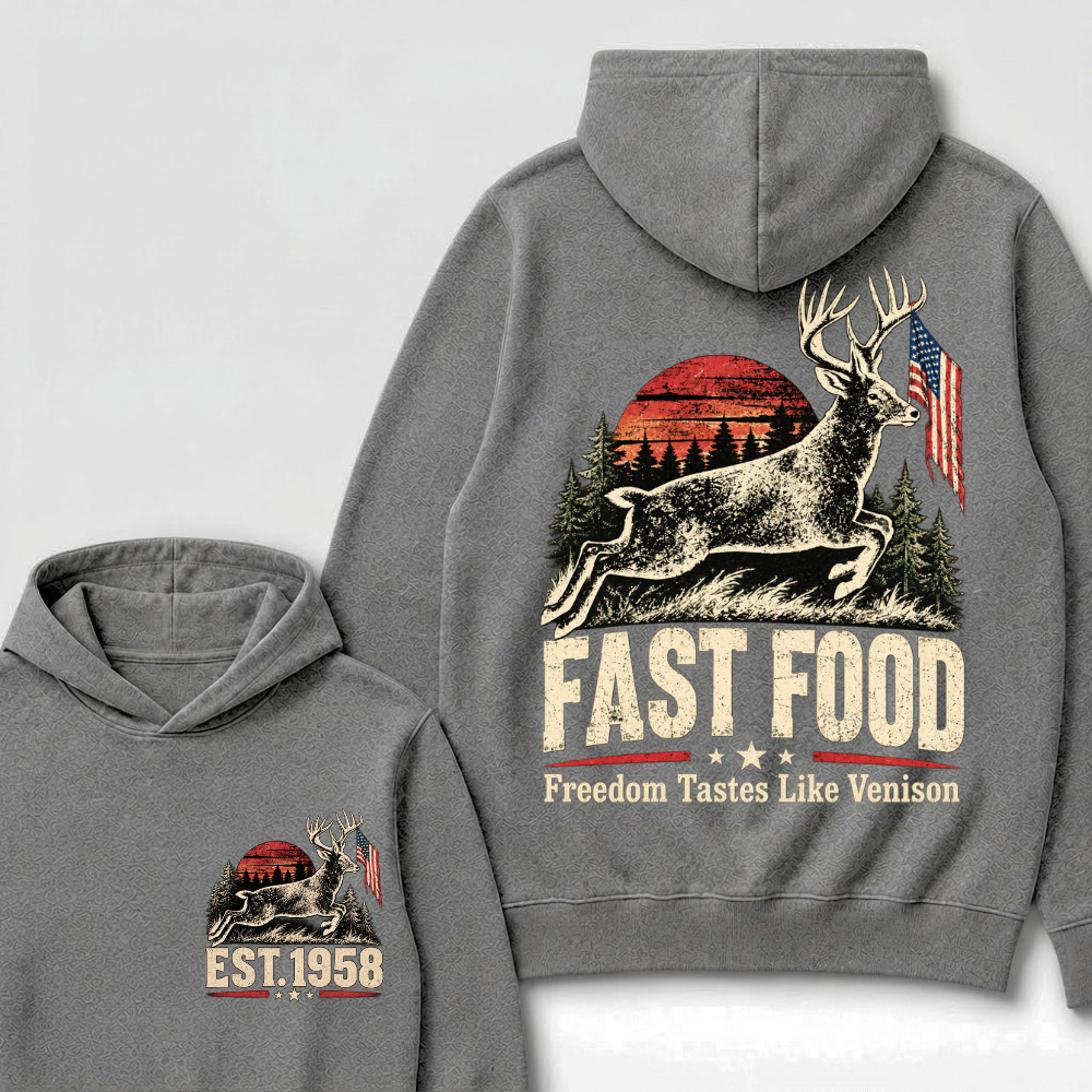 Fast Food Deer Hunting Hoodie, Freedom Tastes Like Venison Vintage Sunset USA Flag EST.Year Hunter Graphic Hooded Sweatshirt