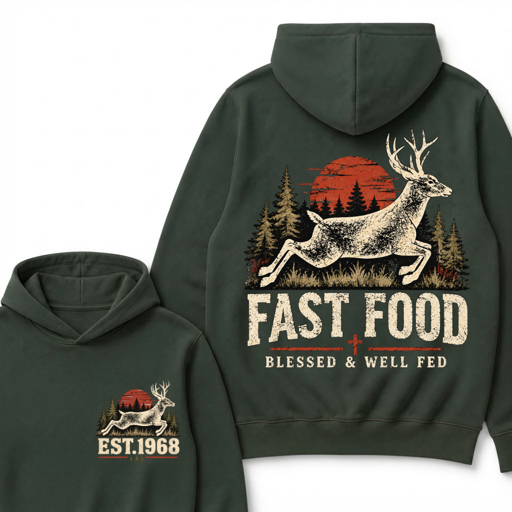 Fast Food Deer Hunting Hoodie, Blessed & Well Fed Vintage Sunset Forest EST.Year Christian Hunter Graphic Hooded Sweatshirt
