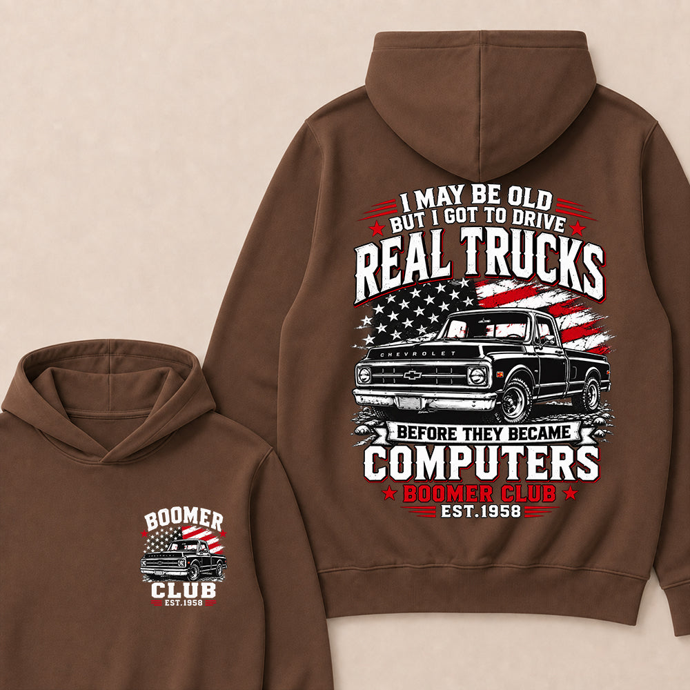 Custom "Boomer Club" Hoodie, Funny Old Man Truck Lover Gift, Personalized Year Hooded Sweatshirt, Real Trucks Before Computers Pullover
