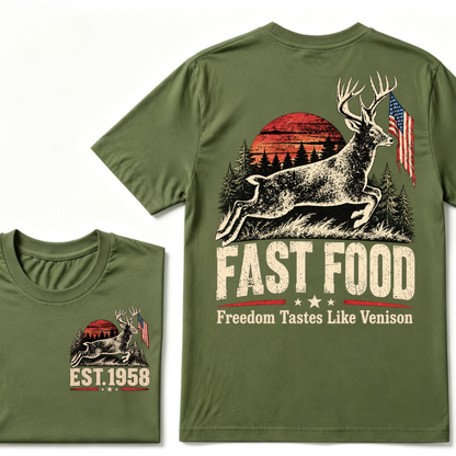 Fast Food Deer Hunting T-Shirt, Freedom Tastes Like Venison Vintage Sunset USA Flag EST.Year Hunter Graphic Tee
