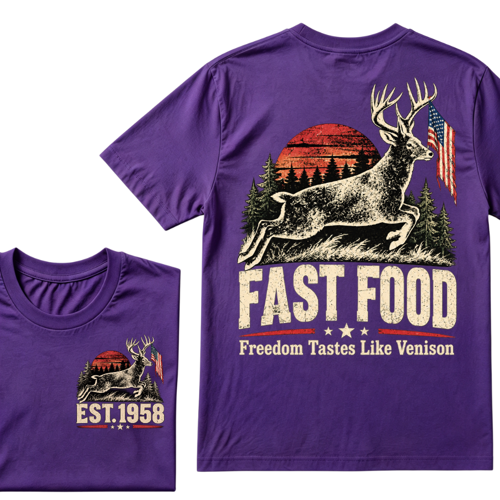 Fast Food Deer Hunting T-Shirt, Freedom Tastes Like Venison Vintage Sunset USA Flag EST.Year Hunter Graphic Tee