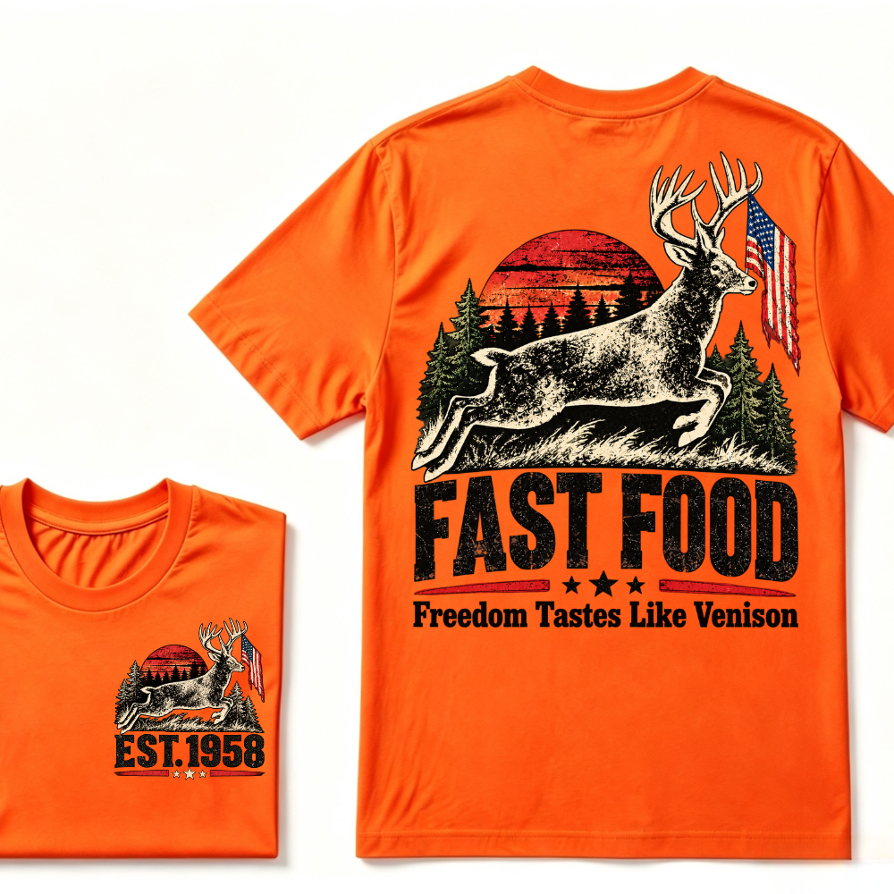 Fast Food Deer Hunting T-Shirt, Freedom Tastes Like Venison Vintage Sunset USA Flag EST.Year Hunter Graphic Tee