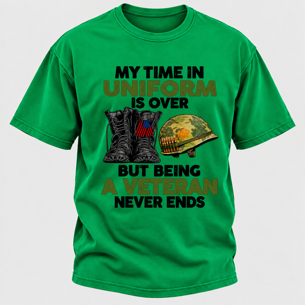 My Time In Uniform Is Over But Being A Veteran Never Ends Military Boots Helmet Graphic T-Shirt