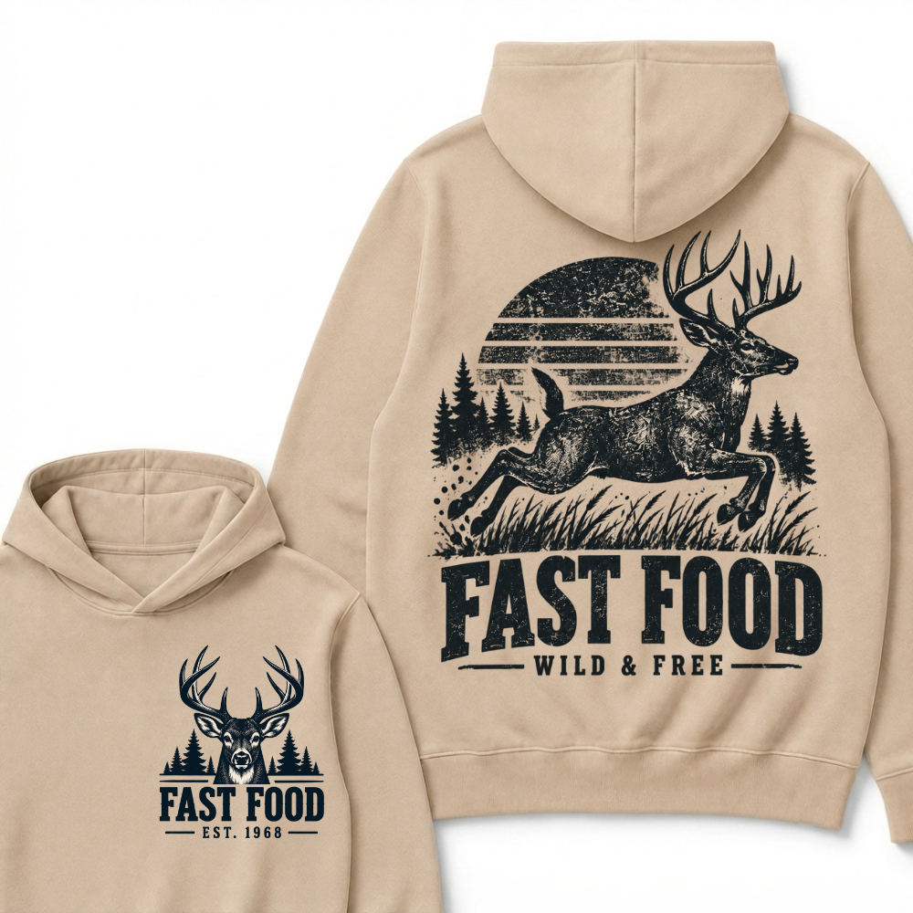 Fast Food Wild & Free Deer Hunting Hoodie EST.Year Vintage Buck Hunter Forest Graphic Hoodie