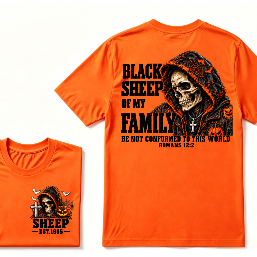 Black Sheep Of My Family Halloween Skull Hooded T-Shirt, Be Not Conformed To This World Romans 12:2 Christian EST.Year Pumpkin Bat Print Graphic Tee