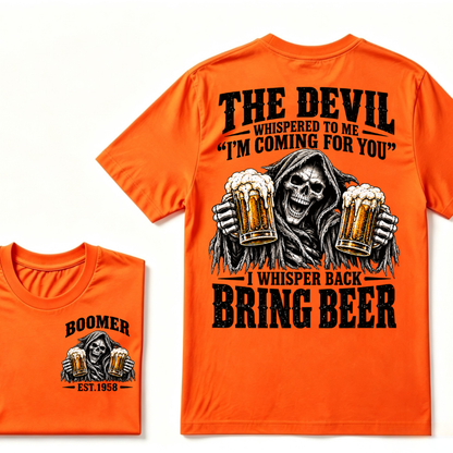 The Devil Whispered To Me I'm Coming For You I Whisper Back Bring Beer EST.Year Vintage Skull Beer Graphic Tee