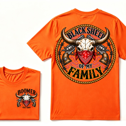 Black Sheep Of My Family EST.Year Vintage Longhorn Skull With Revolvers Western T-Shirt