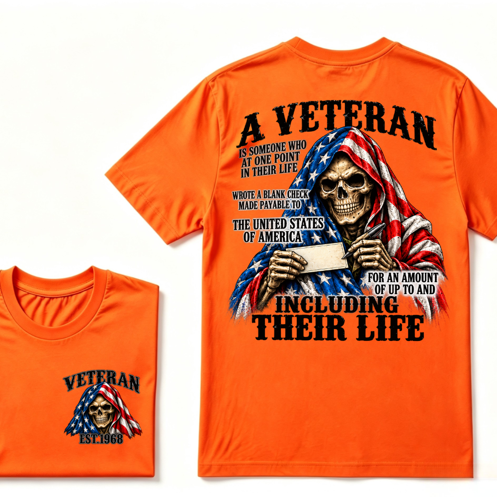 A Veteran Is Someone Who Wrote A Blank Check To America Skull US Flag EST.Year T-Shirt, Veteran Memorial Gift Tee