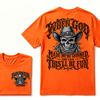 When God Made Me He Grinned And Said This'll Be Fun EST.Year Vintage Cowboy Skull T-Shirt