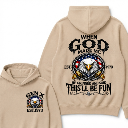When God Made Me He Grinned And Said This’ll Be Fun EST.Year Vintage Eagle Graphic Hoodie