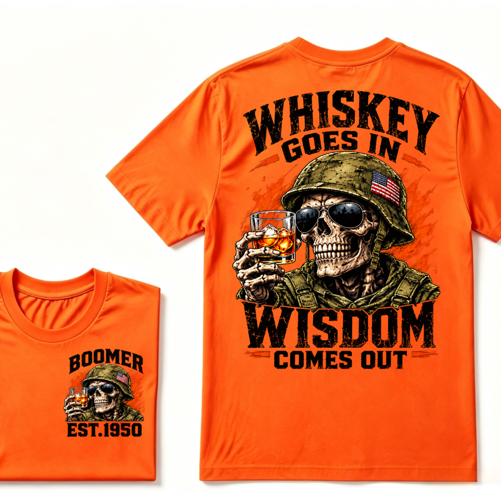 Boomer EST.Year Soldier Skull Whiskey Goes In Wisdom Comes Out American Flag Graphic T-Shirt