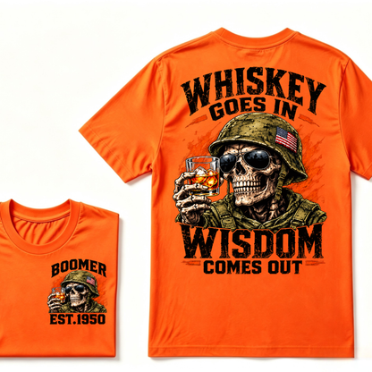 Boomer EST.Year Soldier Skull Whiskey Goes In Wisdom Comes Out American Flag Graphic T-Shirt