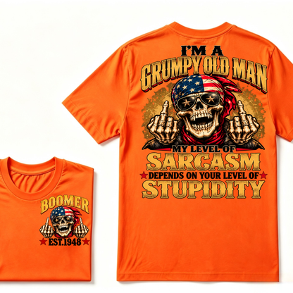 EST.Year I'm A Grumpy Old Man My Level Of Sarcasm Depends On Your Level Of Stupidity American Flag Skull Graphic T-Shirt