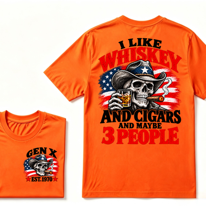 Gen X EST.Year I Like Whiskey And Cigars And Maybe 3 People Cowboy Skull American Flag Graphic T-Shirt