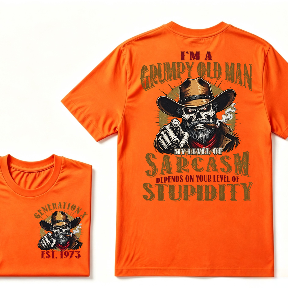 I'm A Grumpy Old Man My Level Of Sarcasm Depends On Your Level Of Stupidity EST.Year Vintage Western Skull Graphic Tee