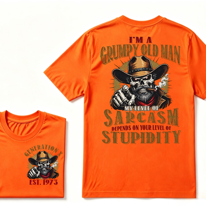 I'm A Grumpy Old Man My Level Of Sarcasm Depends On Your Level Of Stupidity EST.Year Vintage Western Skull Graphic Tee