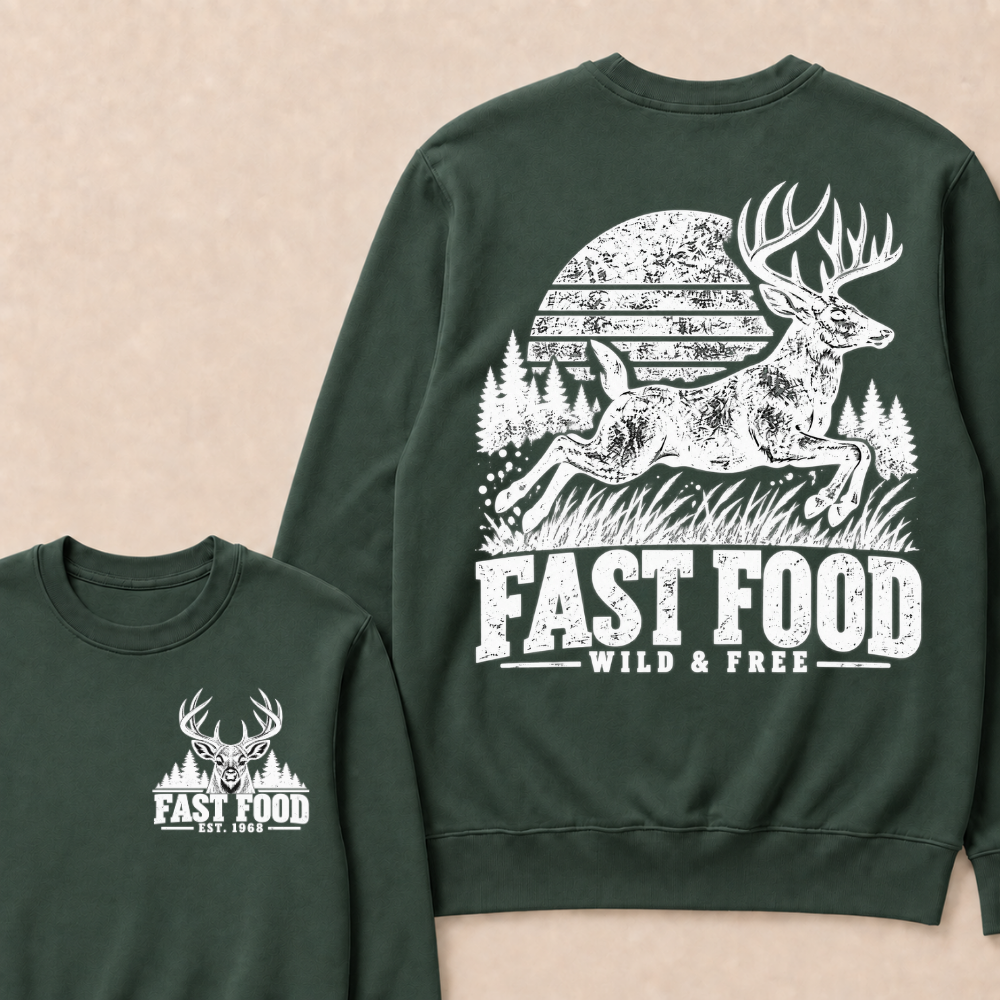 EST.Year Fast Food Wild & Free Vintage Deer Hunting Sunset Forest Graphic Sweatshirt