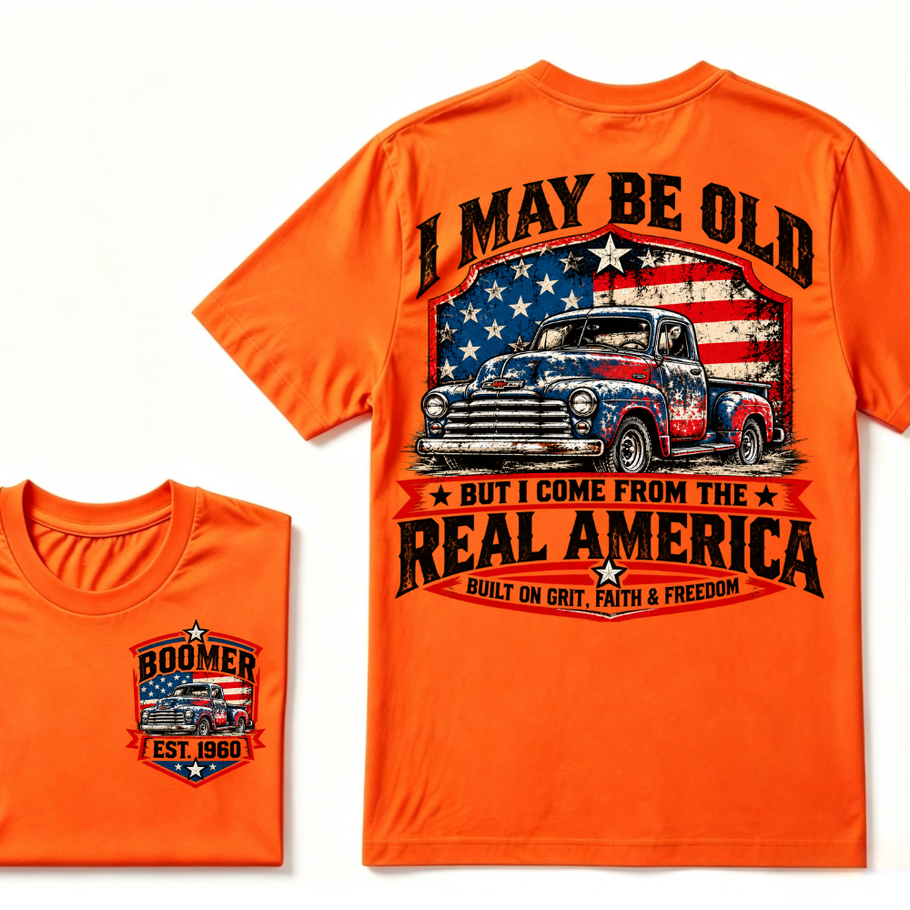 I May Be Old But I Come From The Real America Built On Grit Faith & Freedom EST.Year Vintage Graphic Tee